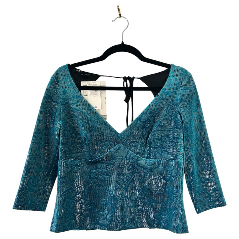 VTG deadstock. Betsey Johnson Teal Floral Lace velvet. V-Neck tie back Top. M